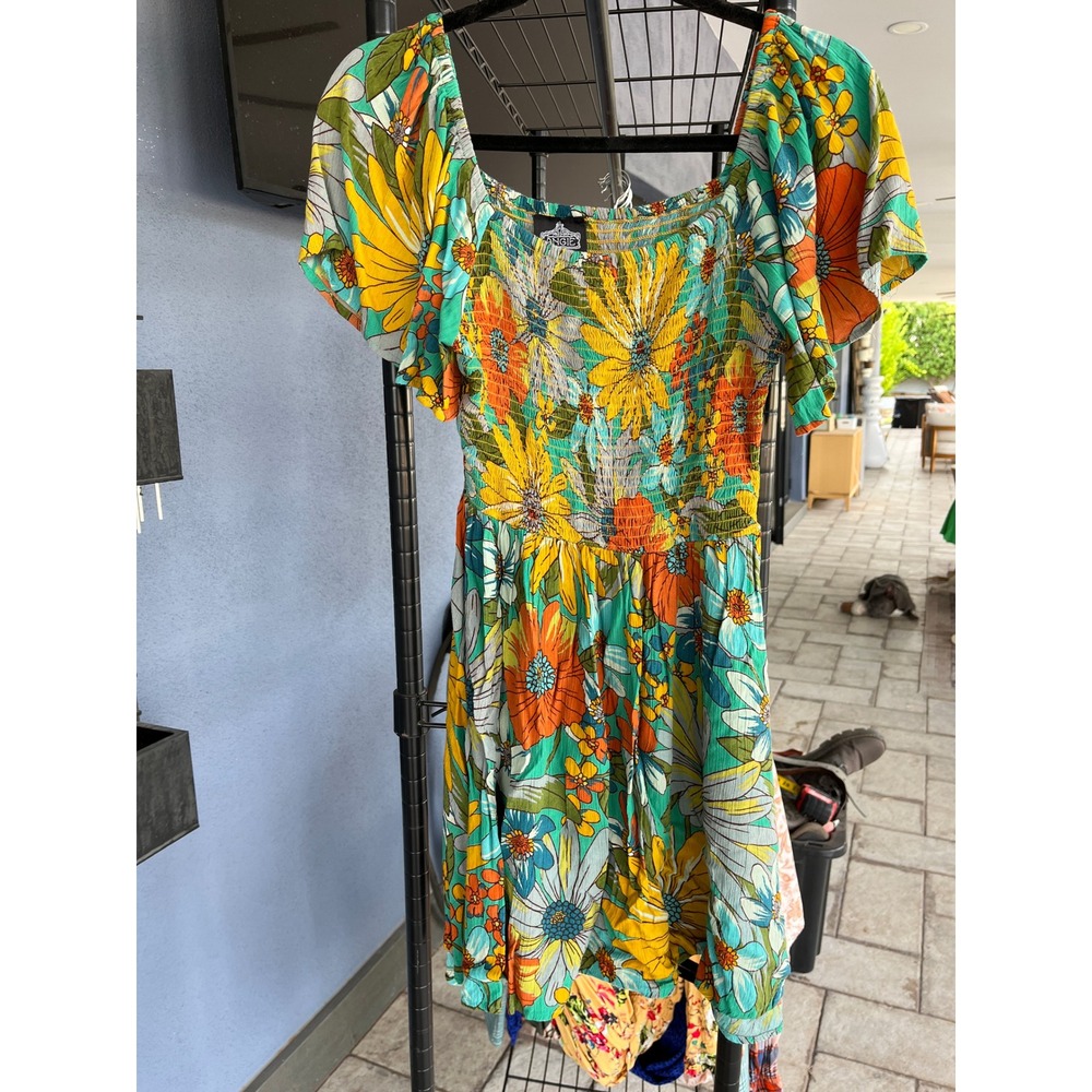 Relaxed fit Floral Smocked Dress Wide Leg Boho Summer Festival 70s Retro M